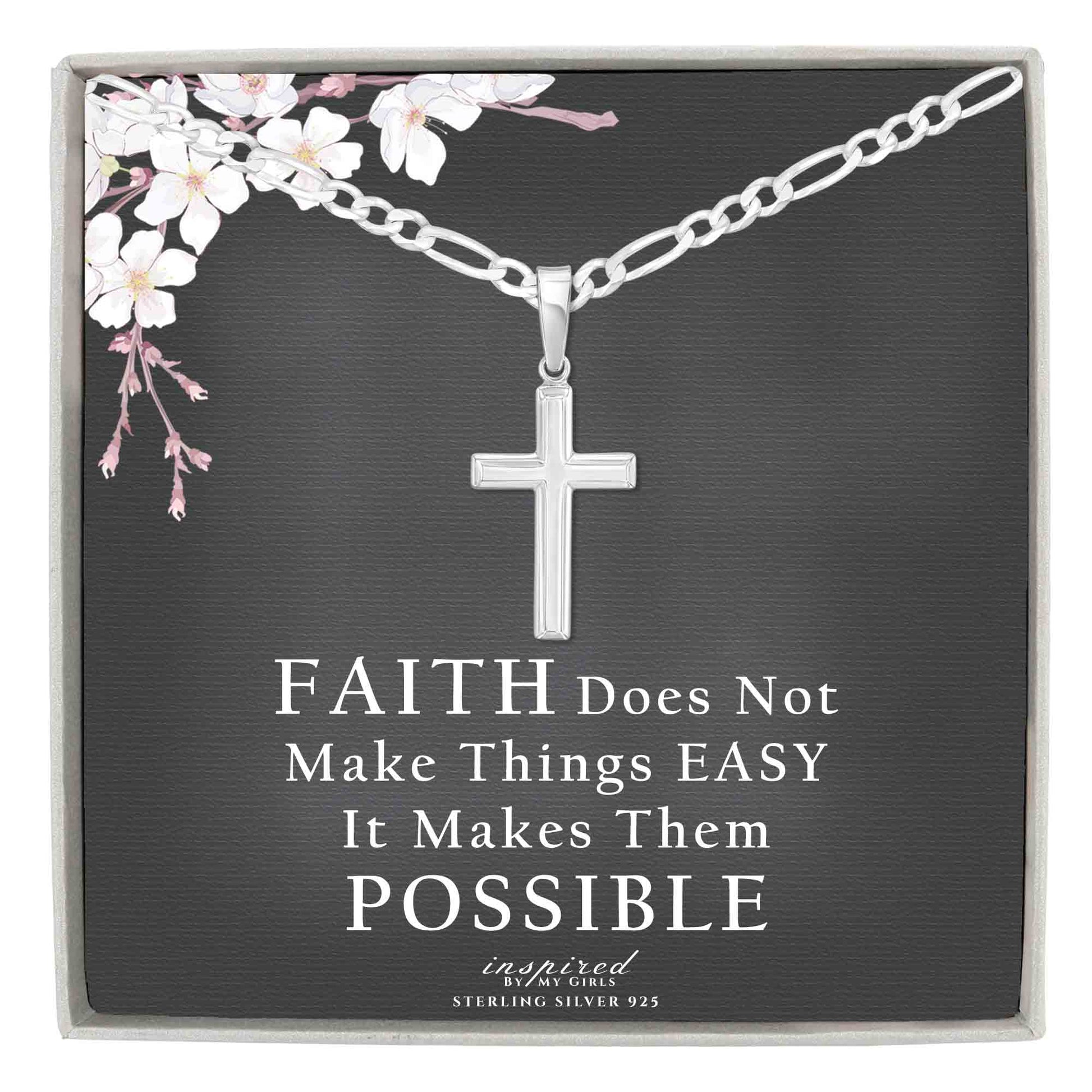 Womens Sterling Silver Cross Necklace with Figaro Chain and Faith Keepsake Card Gift