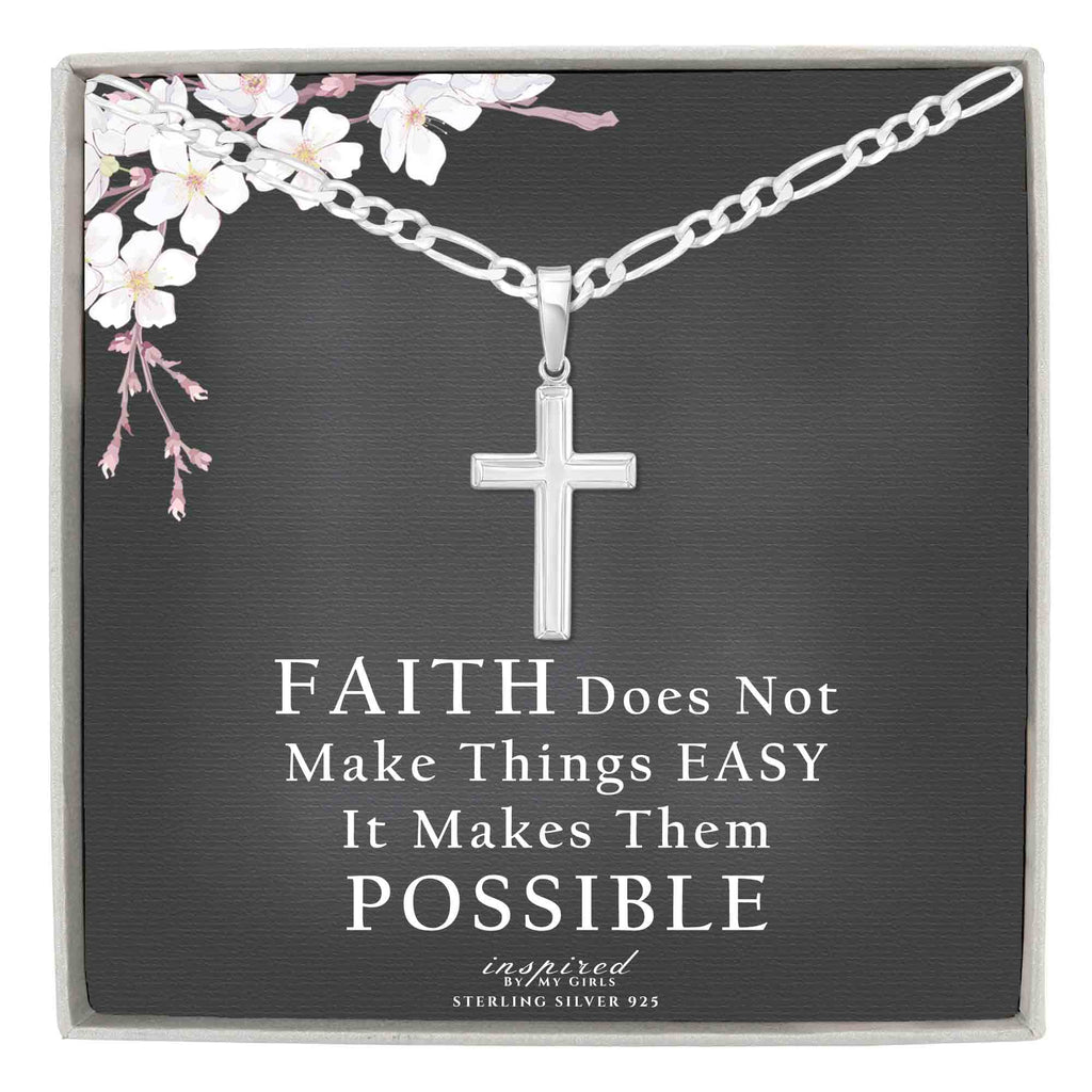 Womens Sterling Silver Cross Necklace with Figaro Chain and Faith Keepsake Card Gift