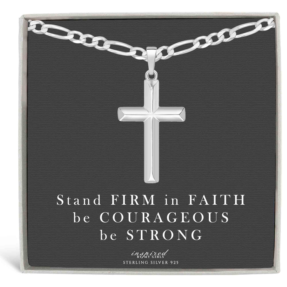 Mens Sterling Silver Domed Cross Necklace and Figaro Chain with Inspirational Faith Card