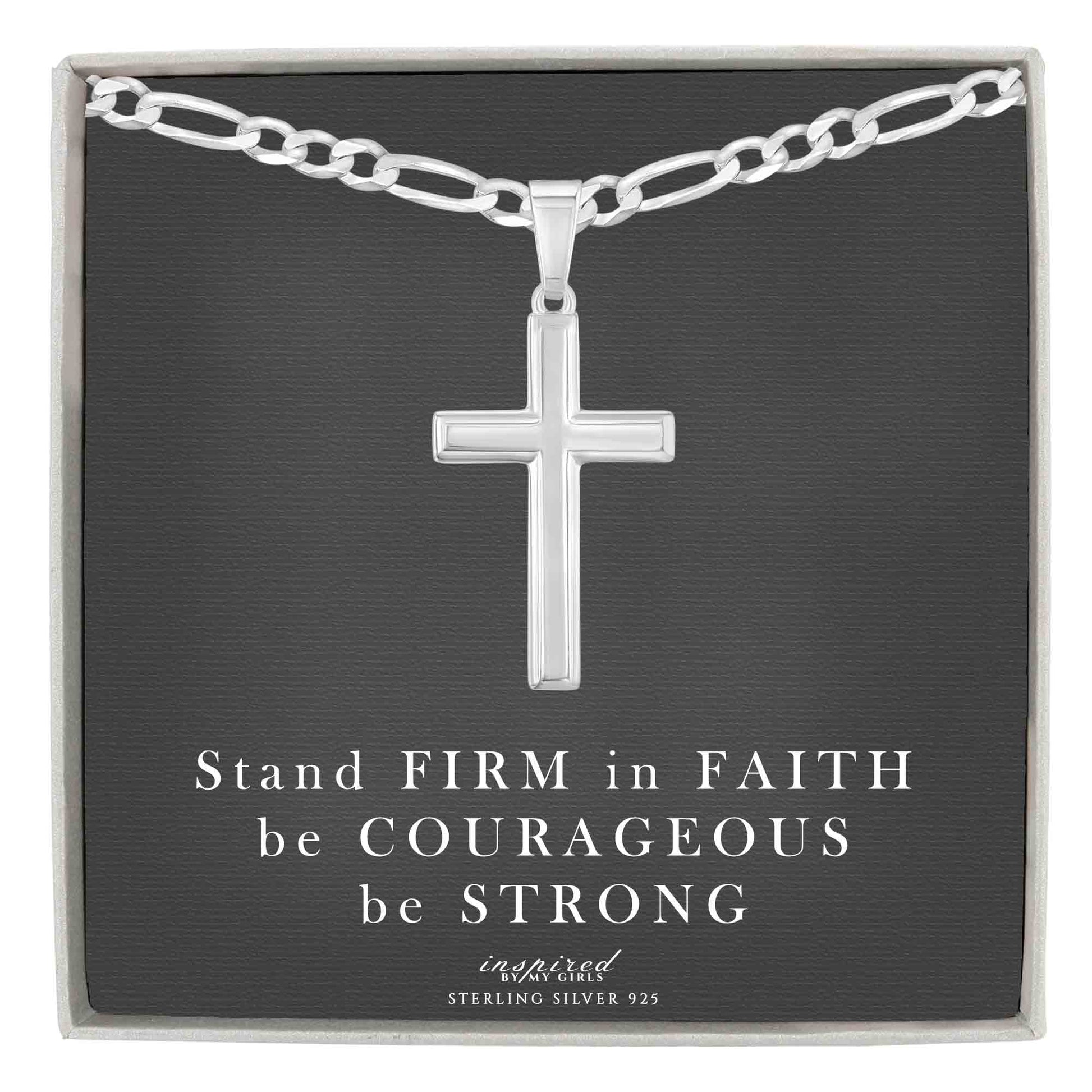 Mens Sterling Silver Cross Necklace and Figaro Chain with Inspirational Faith Card - Choice Of Sizes