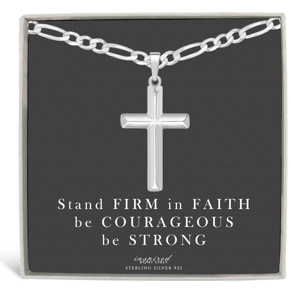 Mens Sterling Silver Domed Cross Necklace and Figaro Chain with Inspirational Faith Card