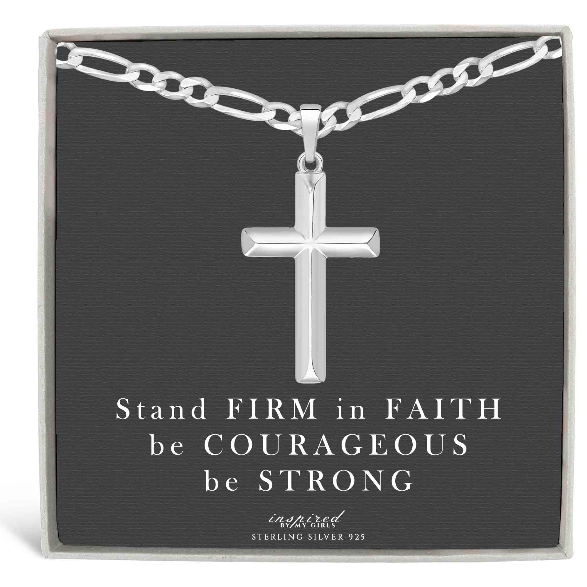 Mens Sterling Silver Domed Cross Necklace and Figaro Chain with Inspirational Faith Card