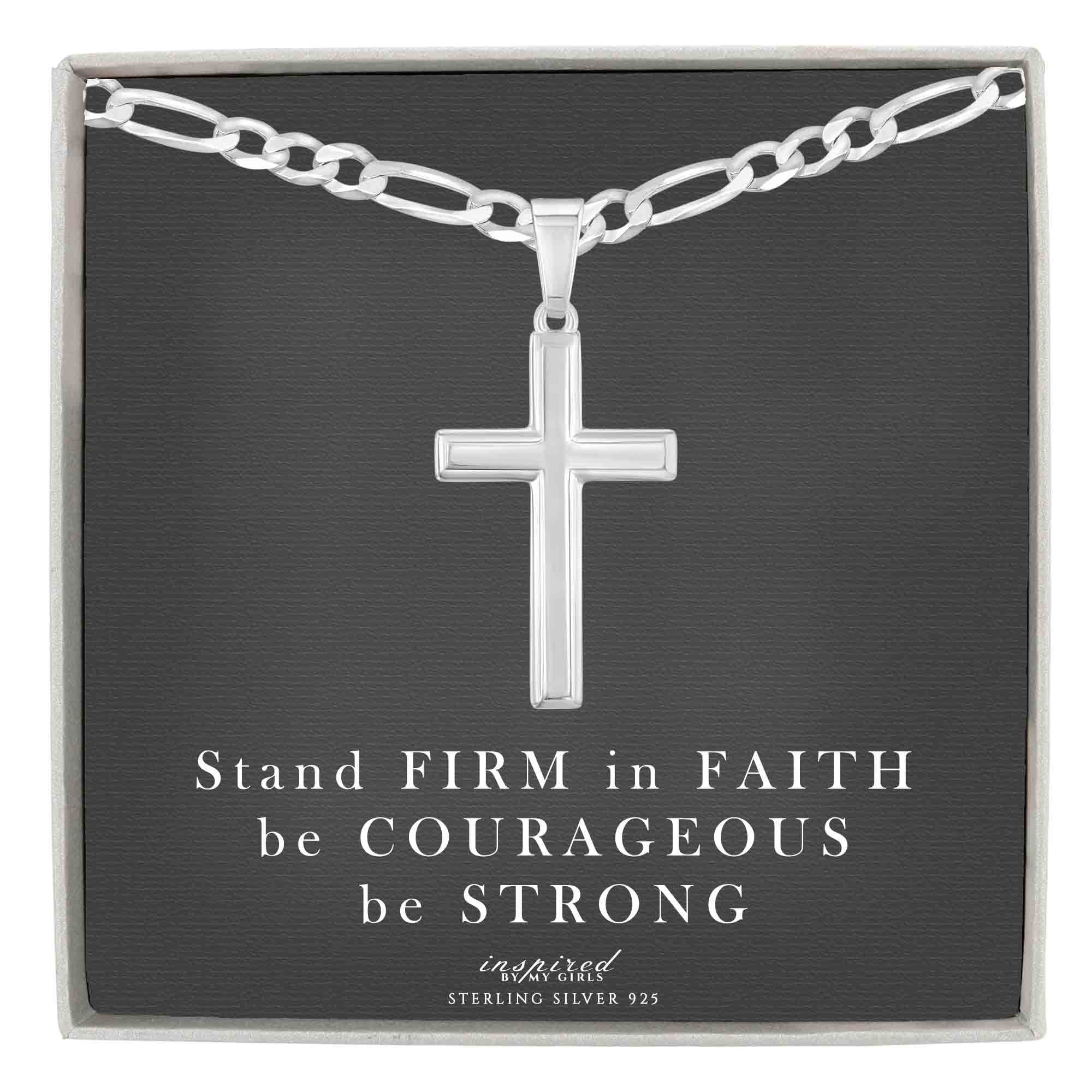 Mens Sterling Silver Cross Necklace and Figaro Chain with Inspirational Faith Card - Choice Of Sizes