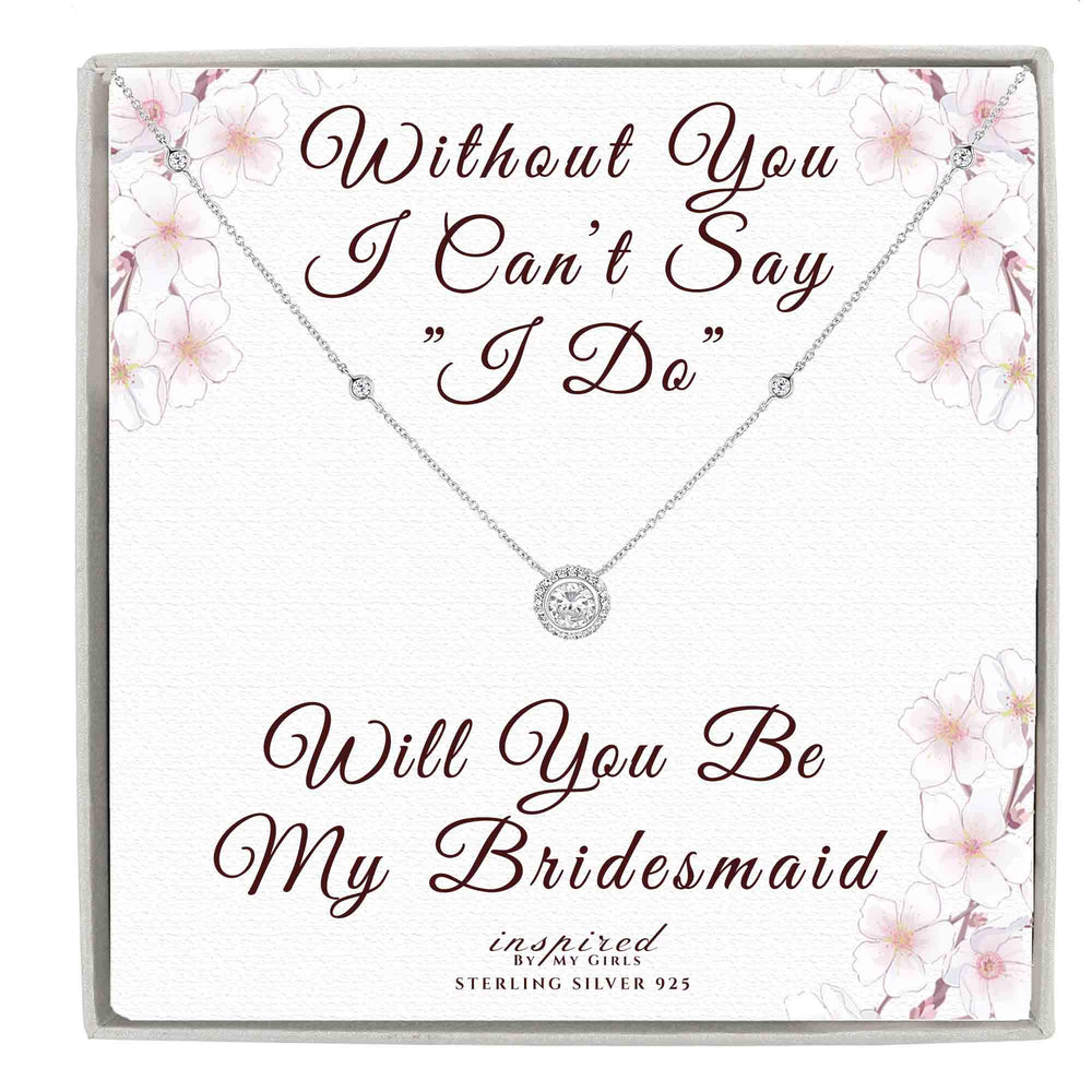 Sterling Silver CZ Solitaire Halo Necklace with Keepsake Card - Choose Bridesmaid or Maid of Honor
