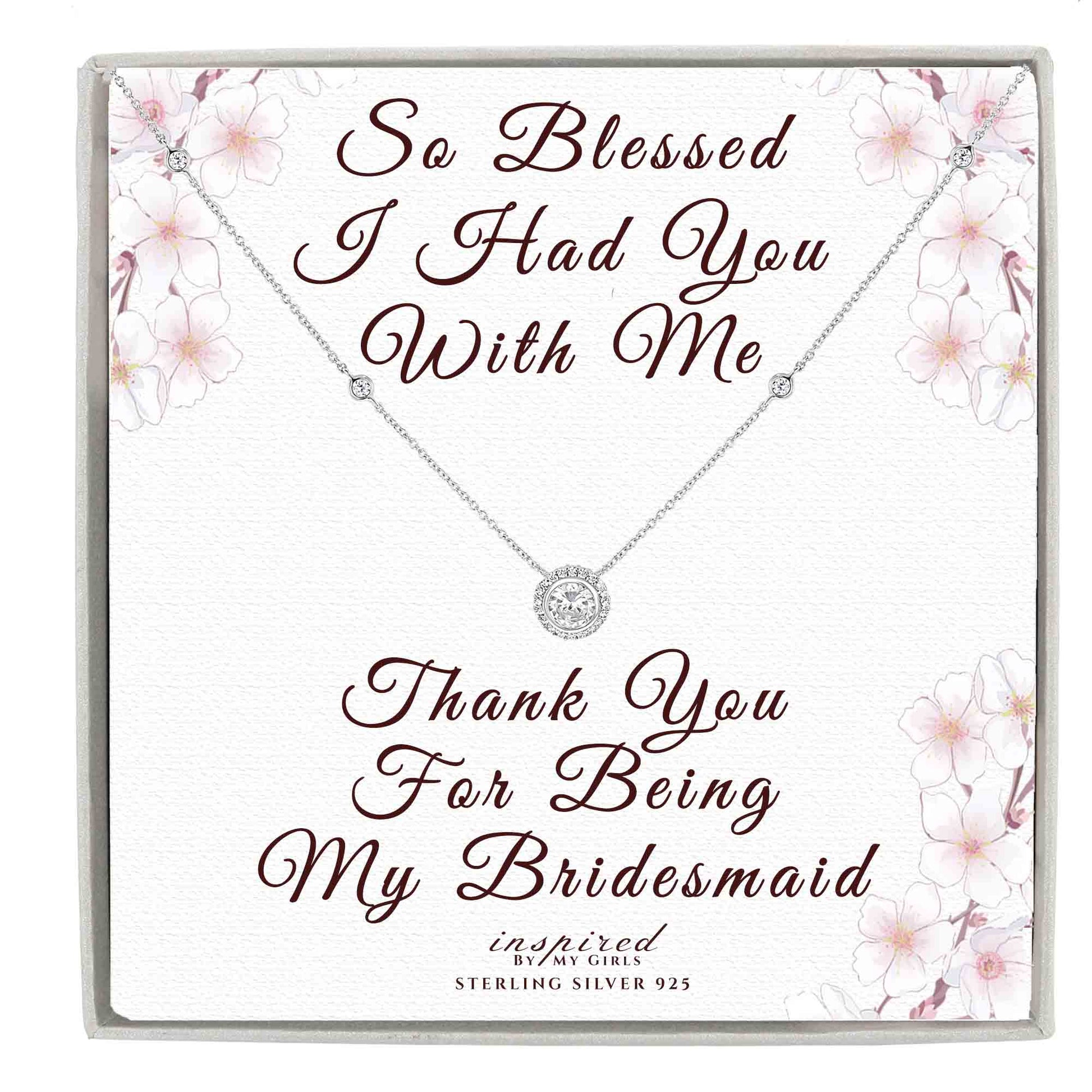 Sterling Silver CZ Solitaire Halo Necklace with Keepsake Card - Choose Bridesmaid or Maid of Honor