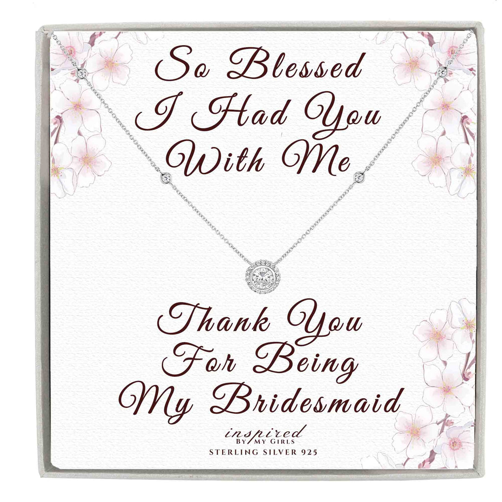 Sterling Silver CZ Solitaire Halo Necklace with Keepsake Card - Choose Bridesmaid or Maid of Honor