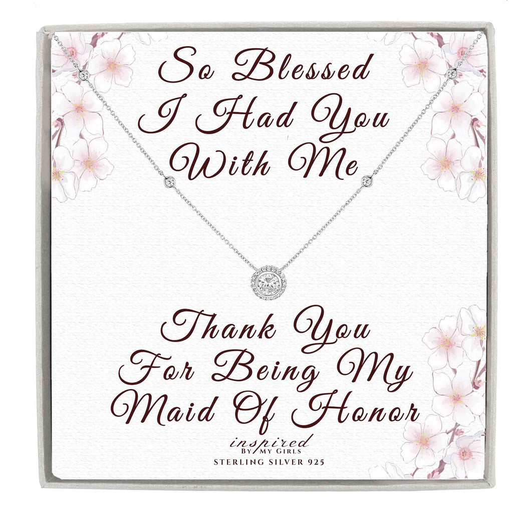 Sterling Silver CZ Solitaire Halo Necklace with Keepsake Card - Choose Bridesmaid or Maid of Honor