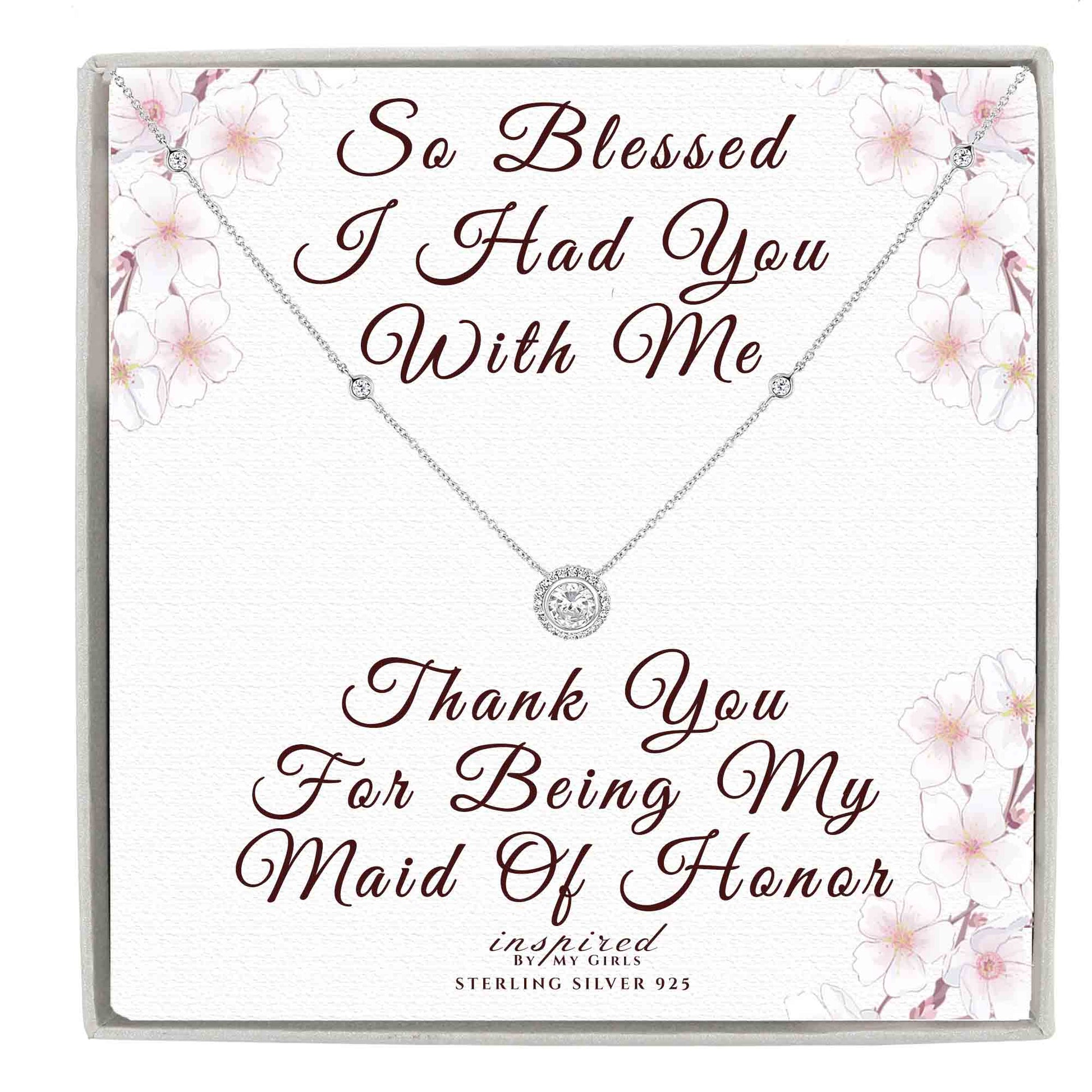 Sterling Silver CZ Solitaire Halo Necklace with Keepsake Card - Choose Bridesmaid or Maid of Honor