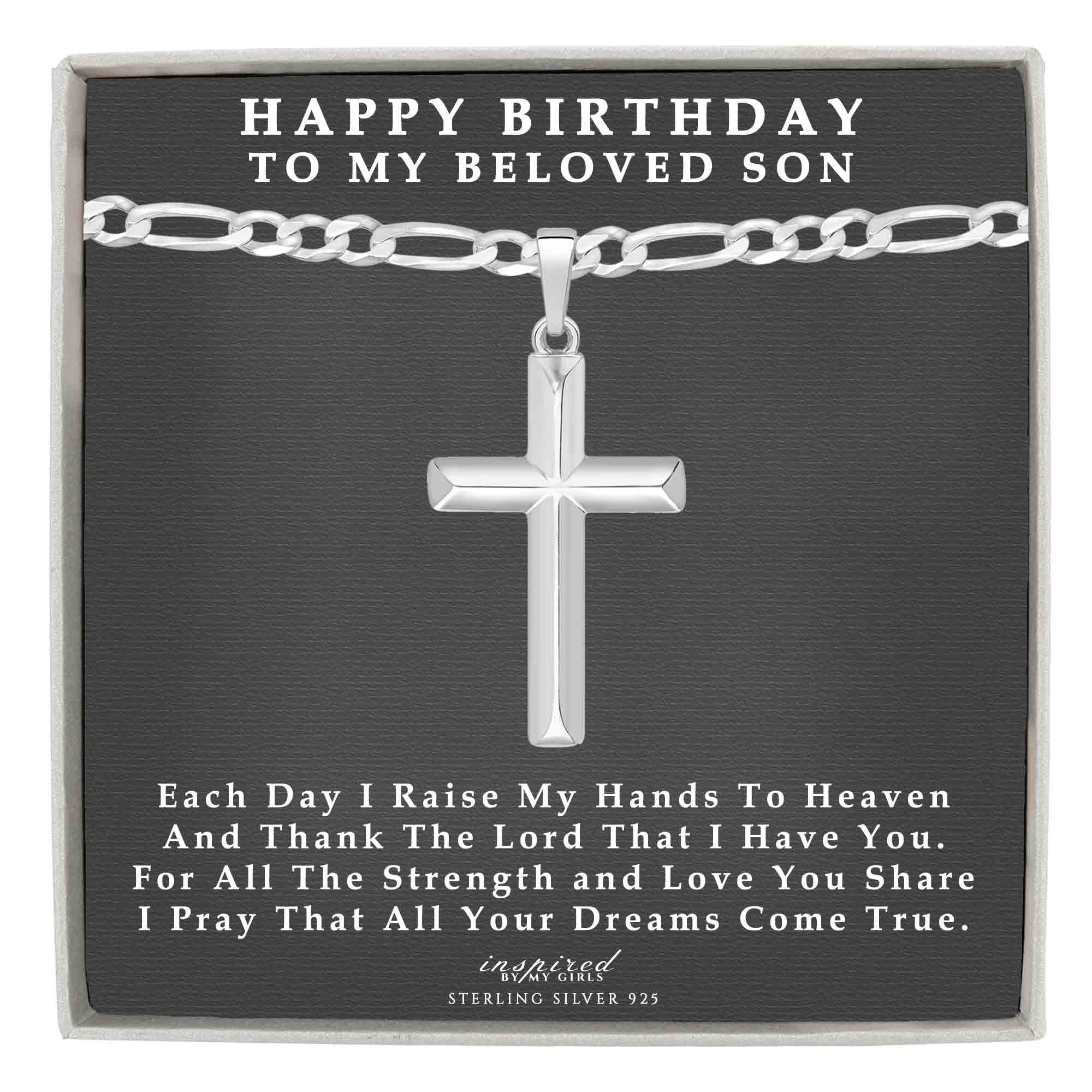 Sterling Silver Domed Cross Necklace with Figaro Chain Birthday Gift For Son