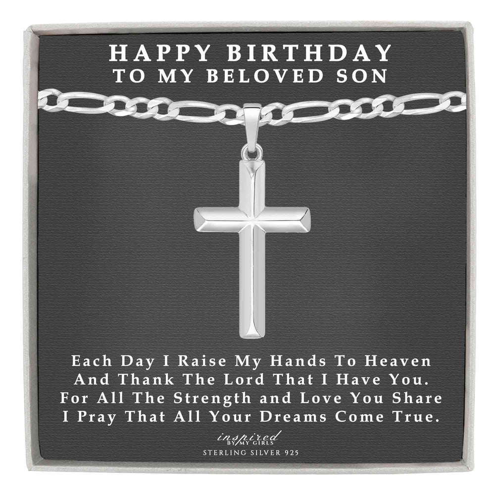 Sterling Silver Domed Cross Necklace with Figaro Chain Birthday Gift For Son
