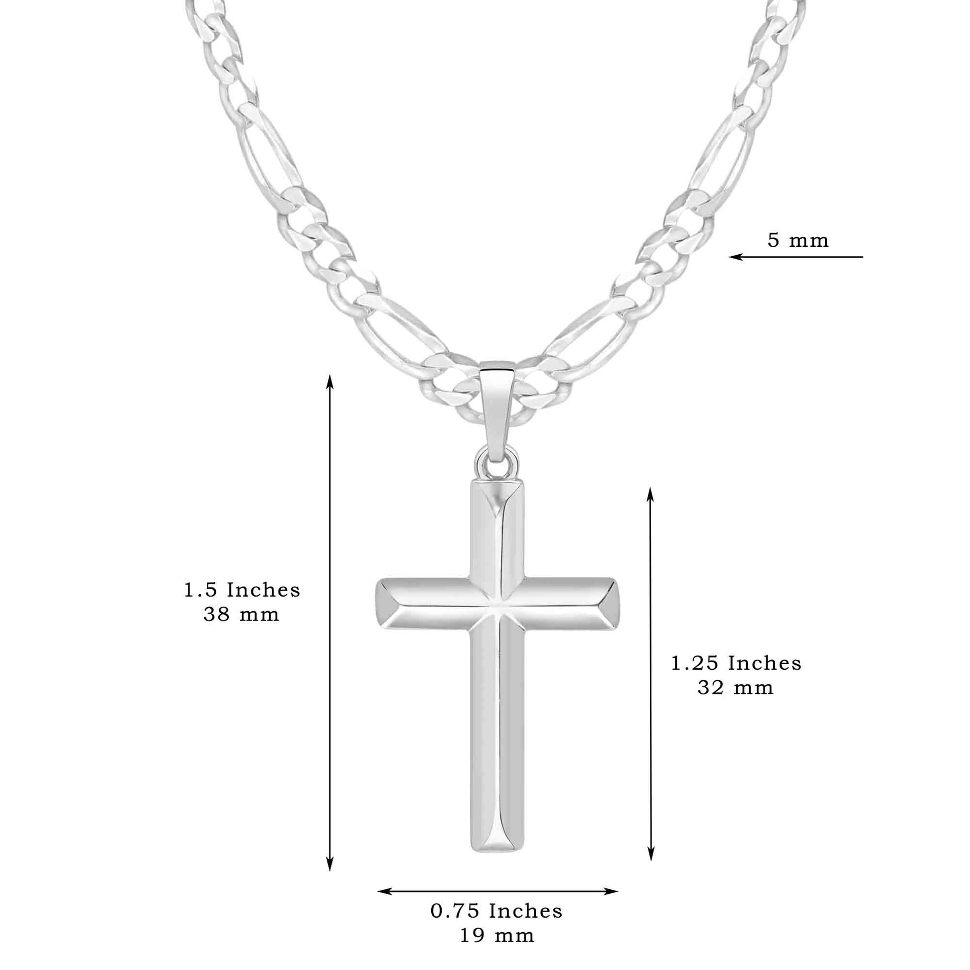 Sterling Silver Domed Cross Necklace with Figaro Chain Birthday Gift For Son