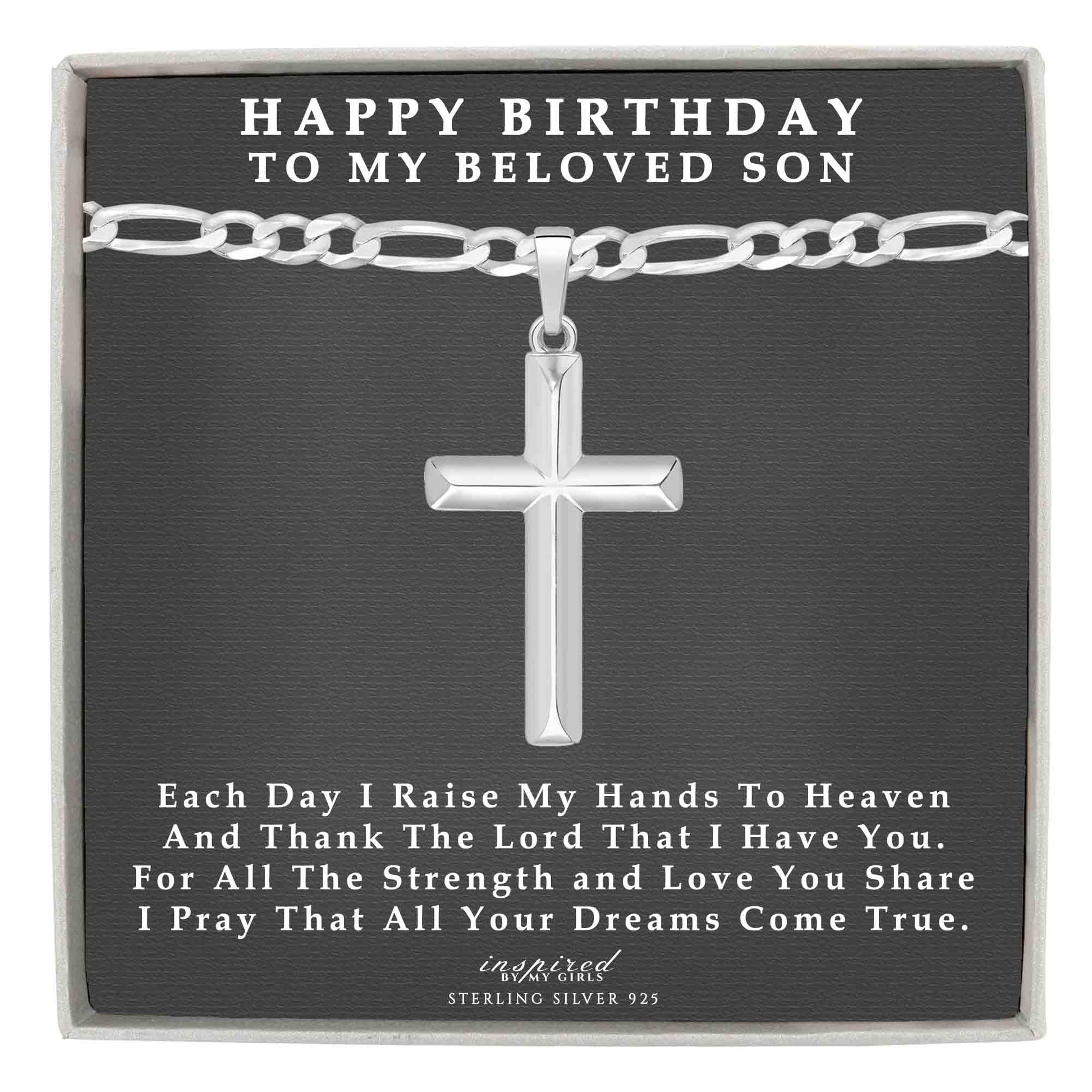 Sterling Silver Domed Cross Necklace with Figaro Chain Birthday Gift For Son