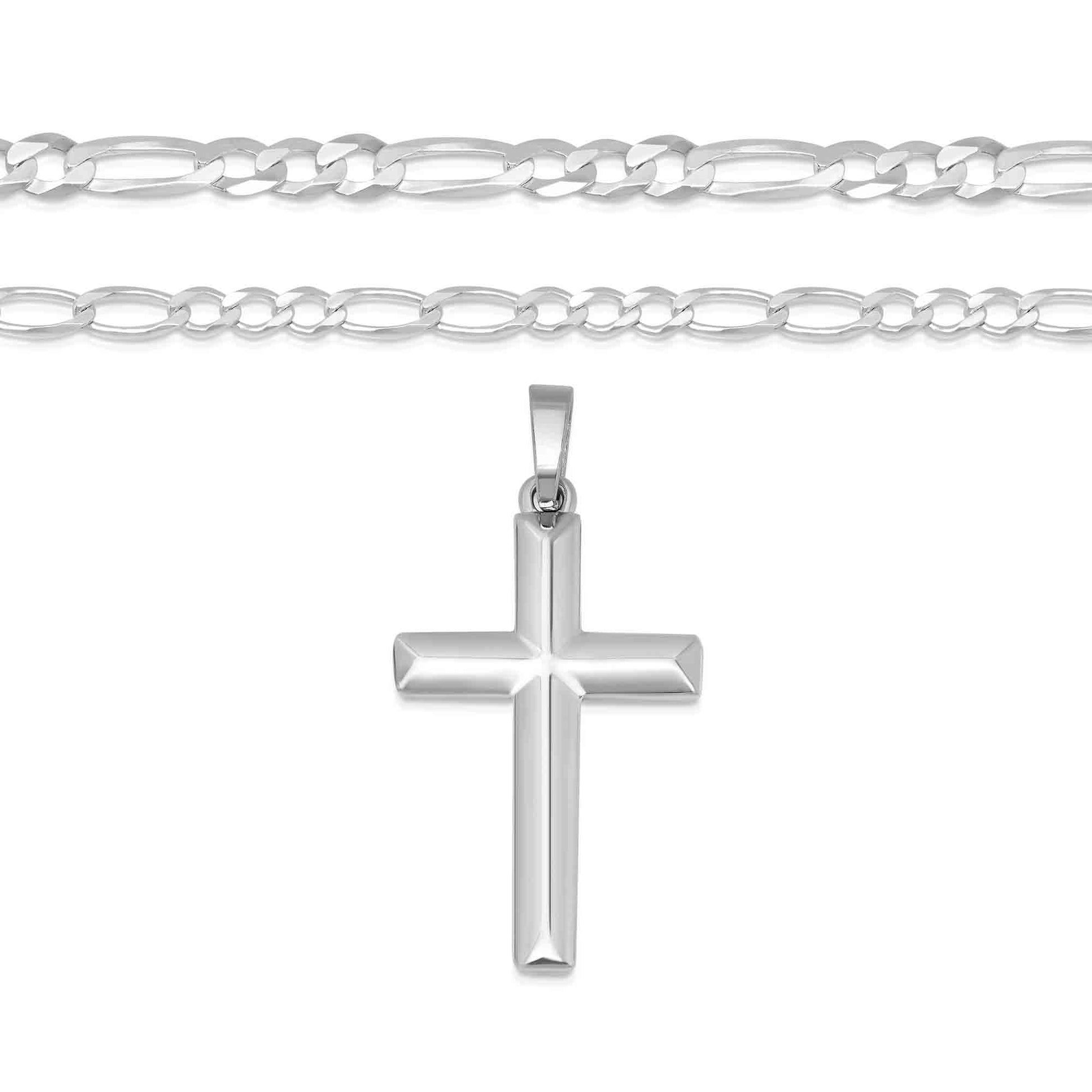 Sterling Silver Domed Cross Necklace with Figaro Chain Birthday Gift For Son