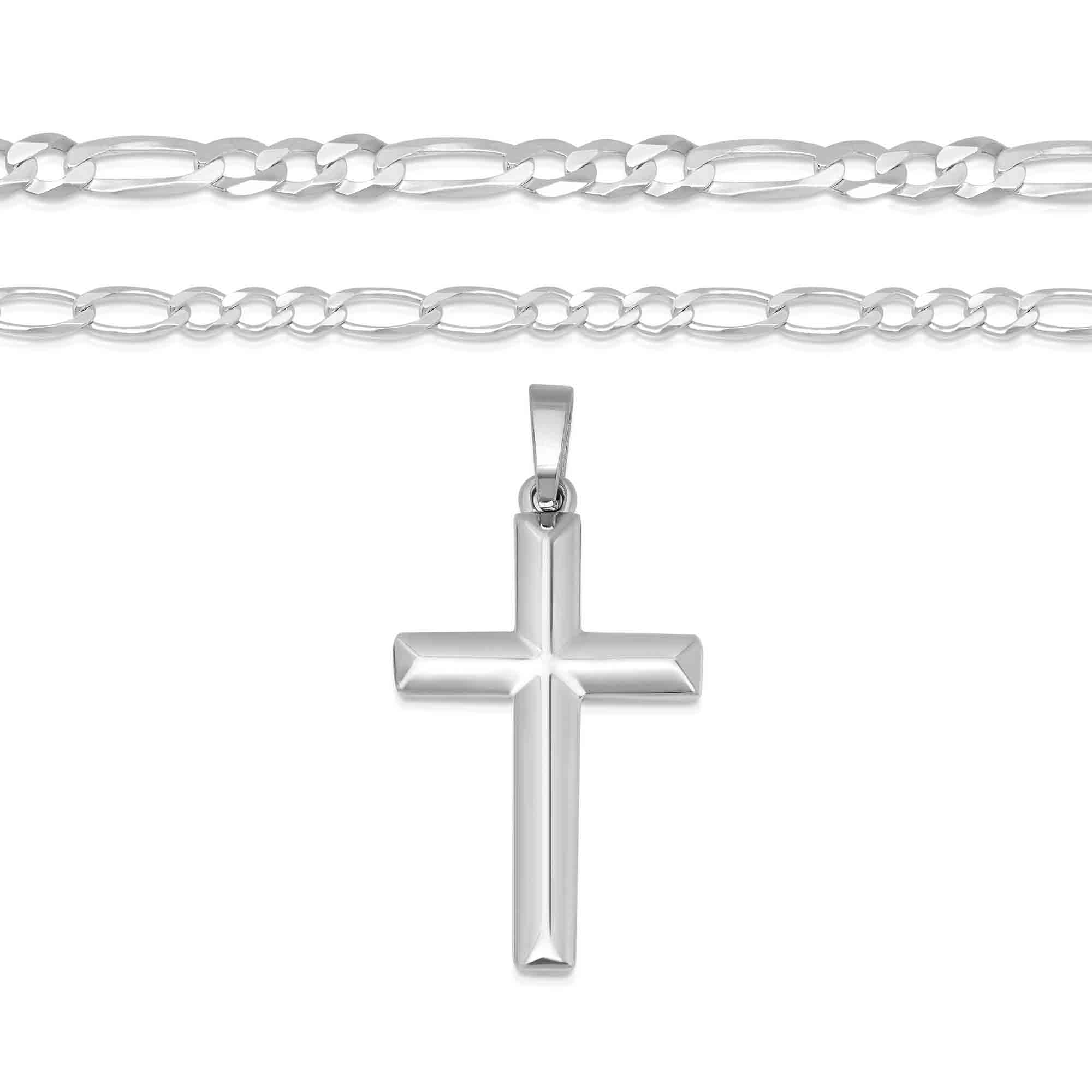 Sterling Silver Domed Cross Necklace with Figaro Chain Birthday Gift For Son