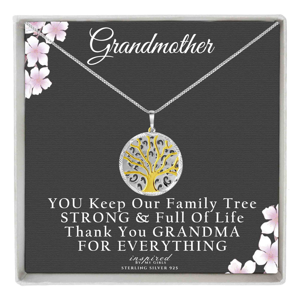 Grandma Gift 14K Gold Plated Sterling Silver Tree of Life Necklace with Inspirational Keepsake Card