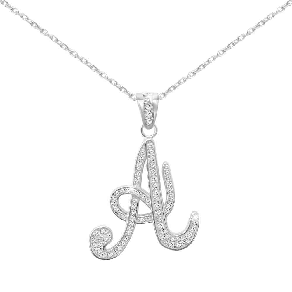 Sterling Silver Initial Necklace CZ Cursive Script Letter With Adjustable Chain