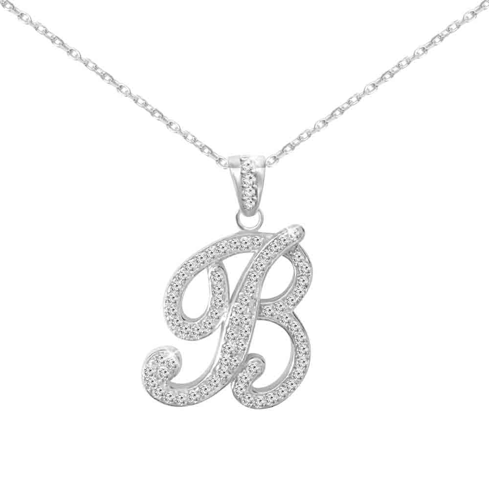 Sterling Silver Initial Necklace CZ Cursive Script Letter With Adjustable Chain