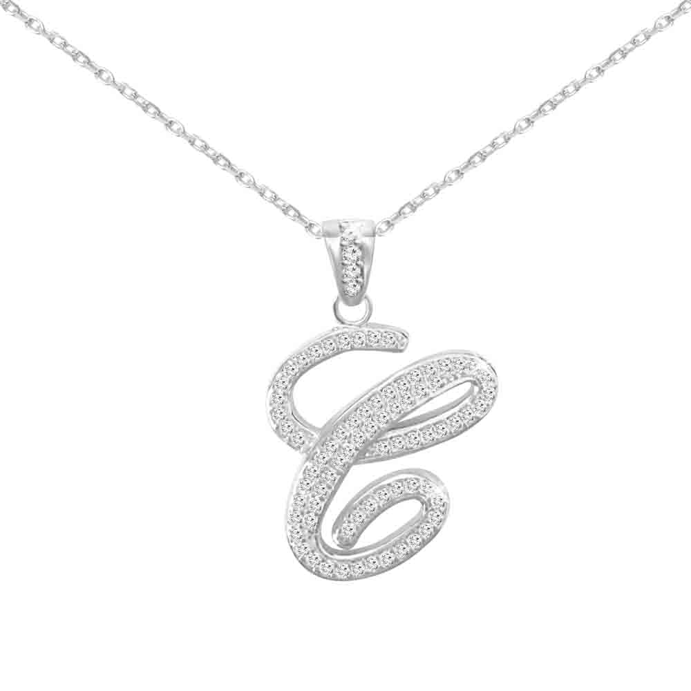 Sterling Silver Initial Necklace CZ Cursive Script Letter With Adjustable Chain