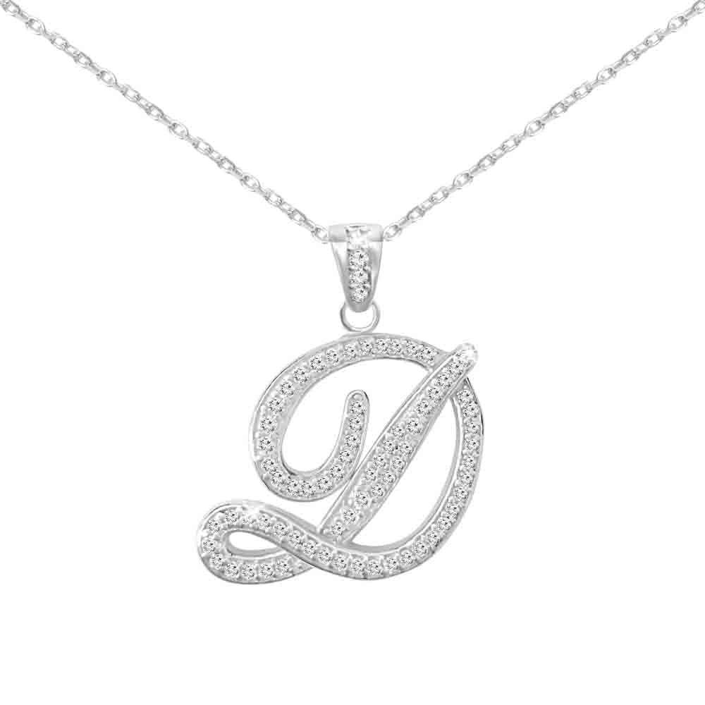 Sterling Silver Initial Necklace CZ Cursive Script Letter With Adjustable Chain