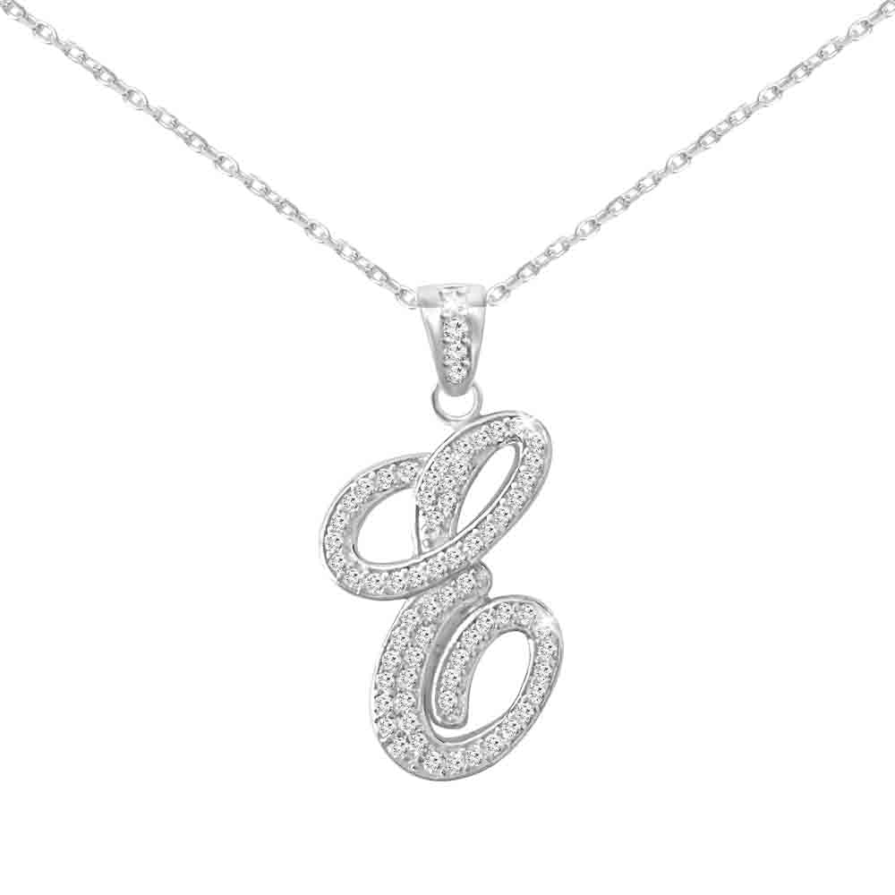 Sterling Silver Initial Necklace CZ Cursive Script Letter With Adjustable Chain