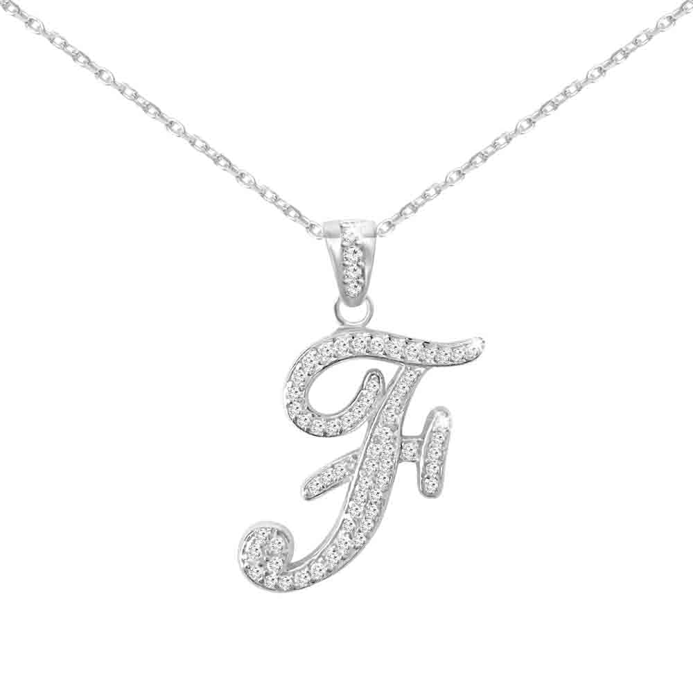Sterling Silver Initial Necklace CZ Cursive Script Letter With Adjustable Chain