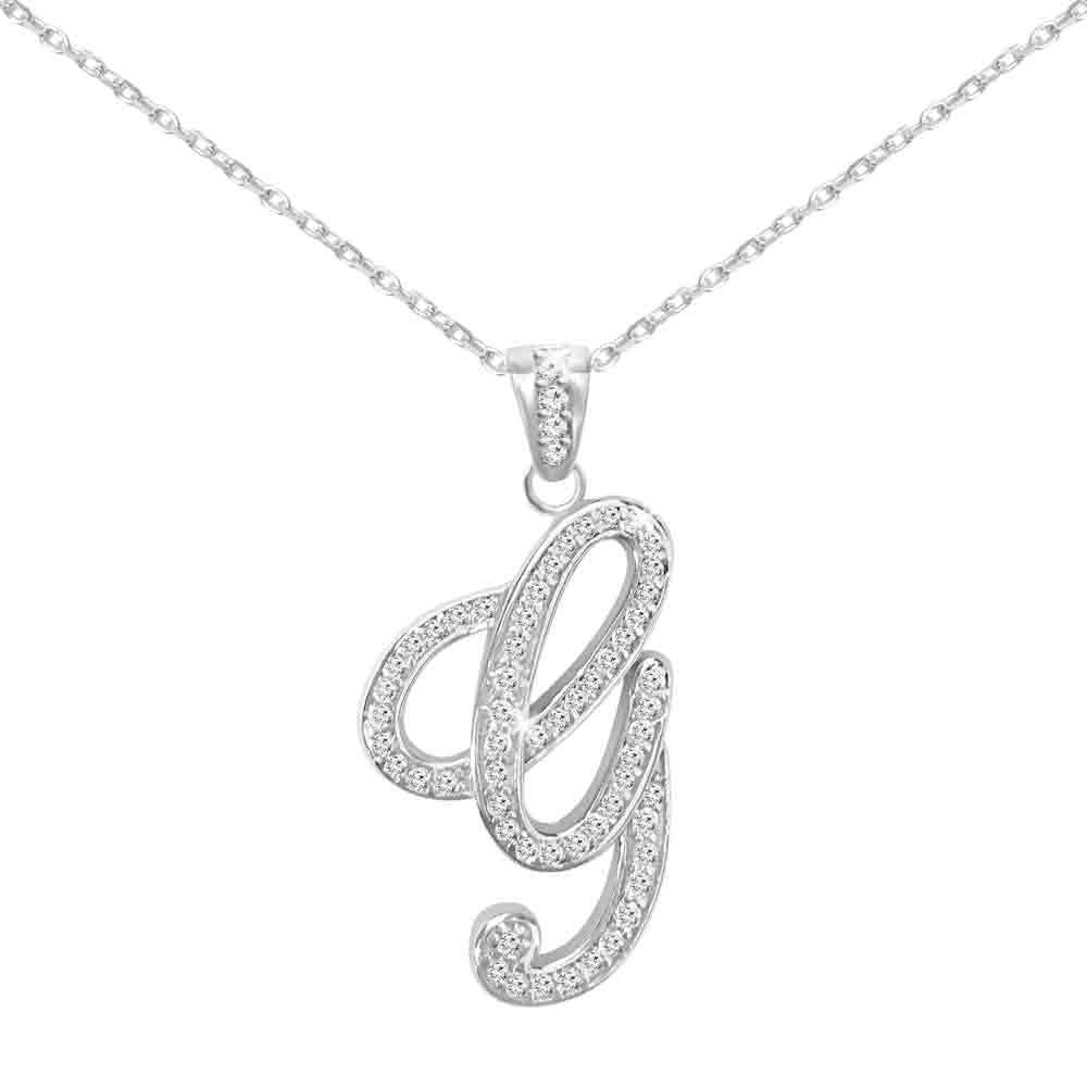 Sterling Silver Initial Necklace CZ Cursive Script Letter With Adjustable Chain