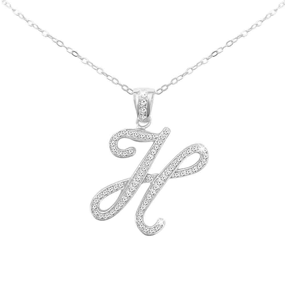 Sterling Silver Initial Necklace CZ Cursive Script Letter With Adjustable Chain