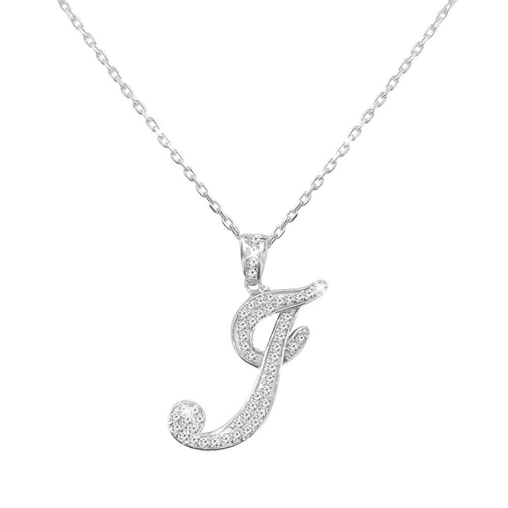 Sterling Silver Initial Necklace CZ Cursive Script Letter With Adjustable Chain