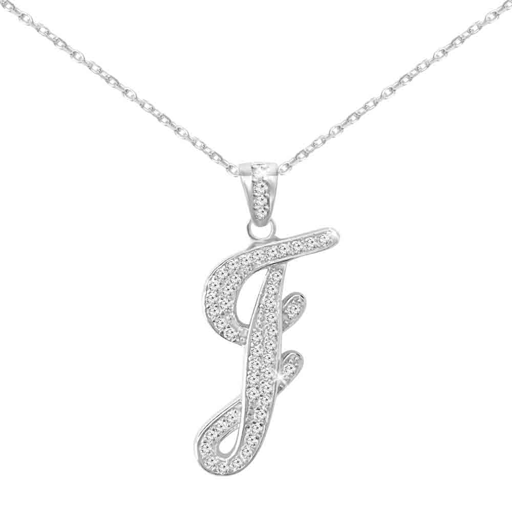 Sterling Silver Initial Necklace CZ Cursive Script Letter With Adjustable Chain