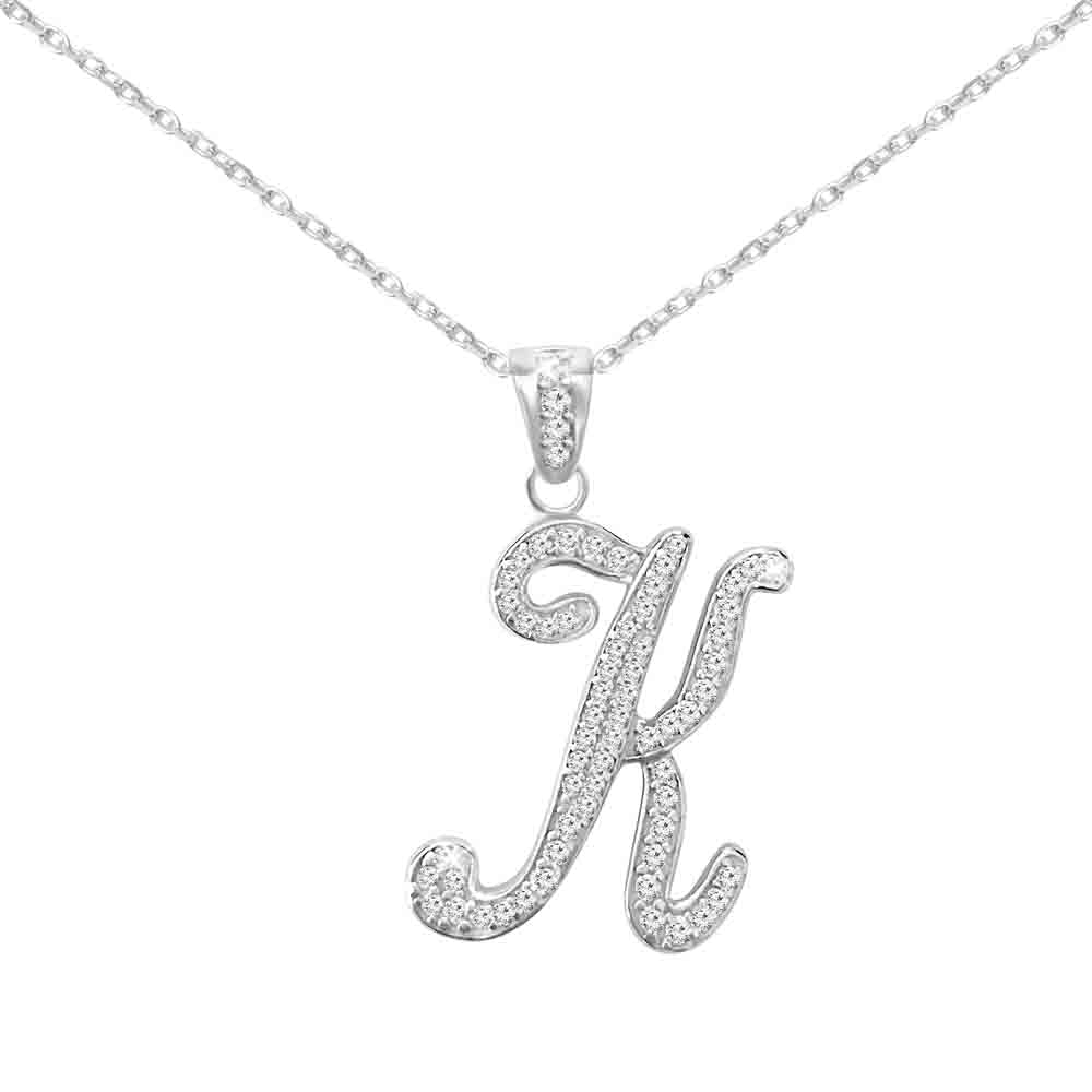 Sterling Silver Initial Necklace CZ Cursive Script Letter With Adjustable Chain