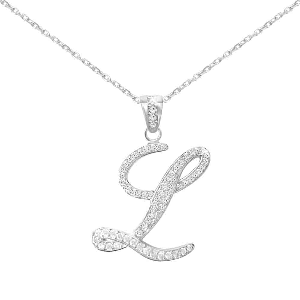 Sterling Silver Initial Necklace CZ Cursive Script Letter With Adjustable Chain