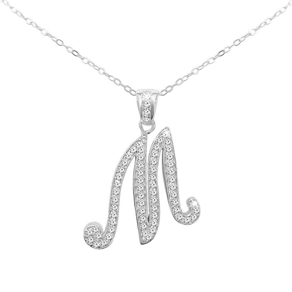 Sterling Silver Initial Necklace CZ Cursive Script Letter With Adjustable Chain