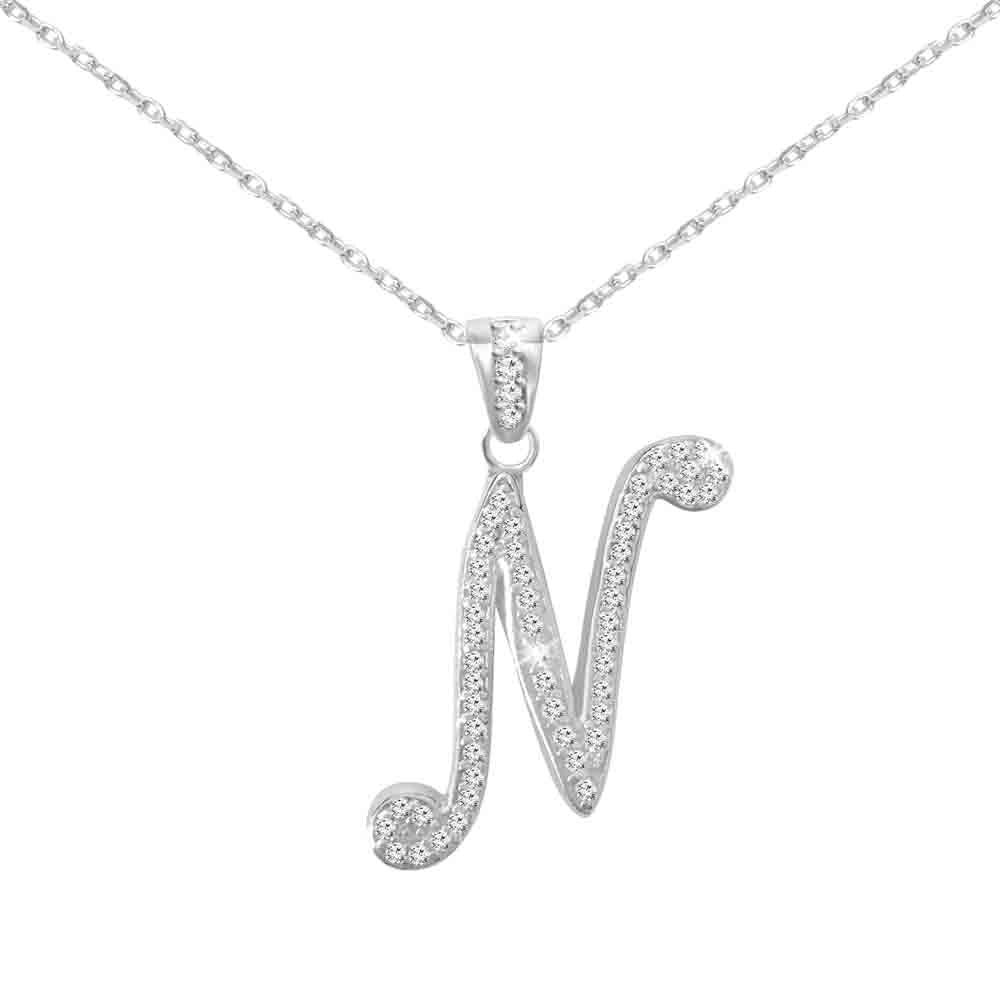 Sterling Silver Initial Necklace CZ Cursive Script Letter With Adjustable Chain