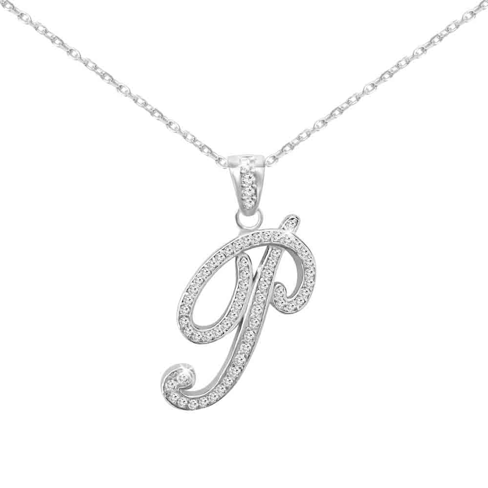 Sterling Silver Initial Necklace CZ Cursive Script Letter With Adjustable Chain