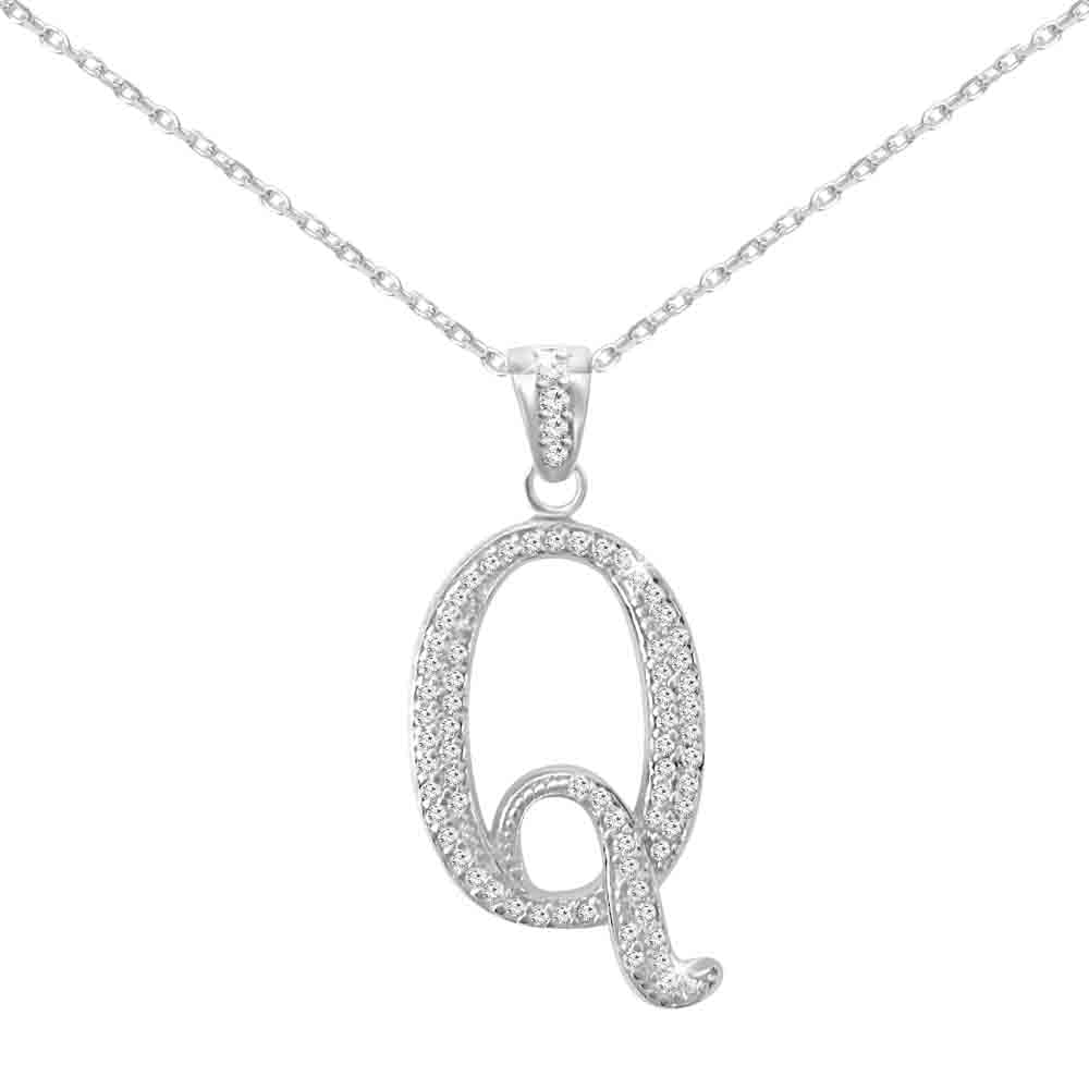 Sterling Silver Initial Necklace CZ Cursive Script Letter With Adjustable Chain