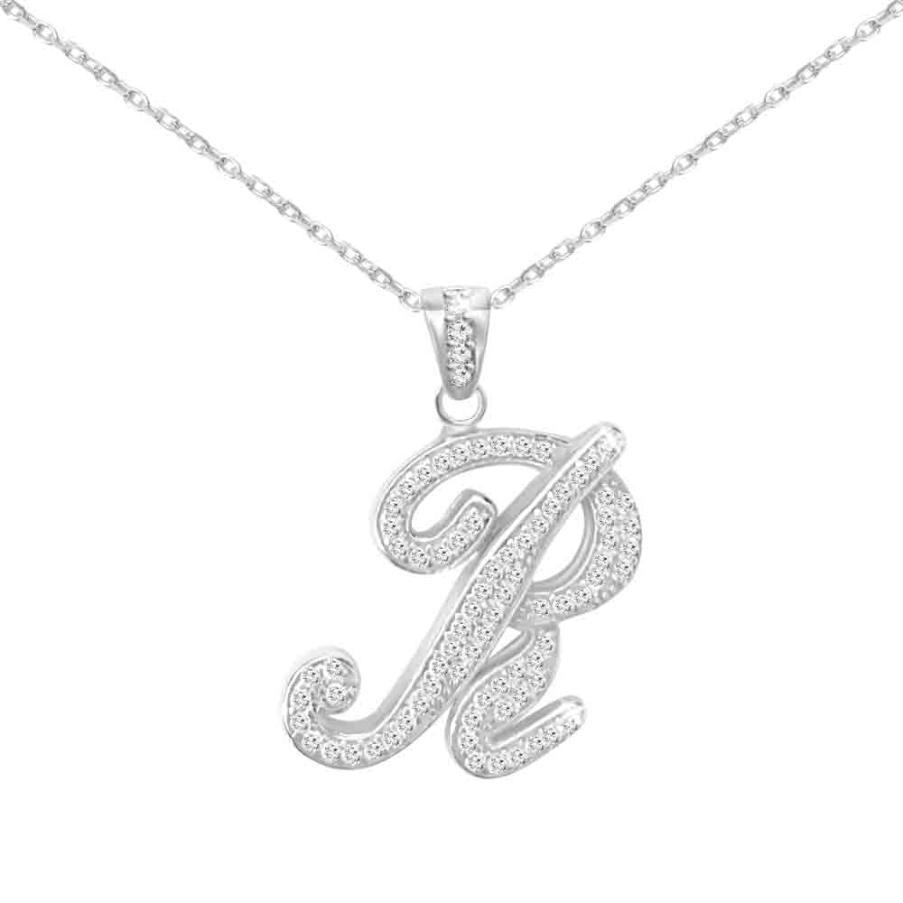 Sterling Silver Initial Necklace CZ Cursive Script Letter With Adjustable Chain