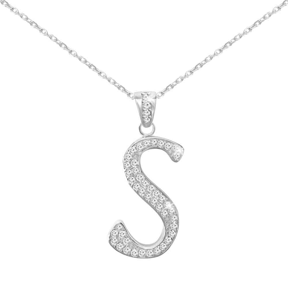Sterling Silver Initial Necklace CZ Cursive Script Letter With Adjustable Chain