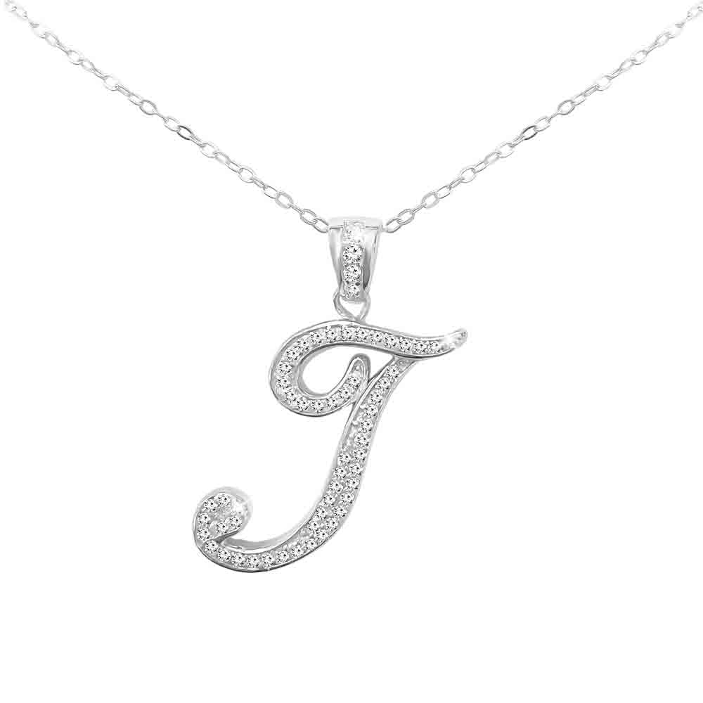 Sterling Silver Initial Necklace CZ Cursive Script Letter With Adjustable Chain