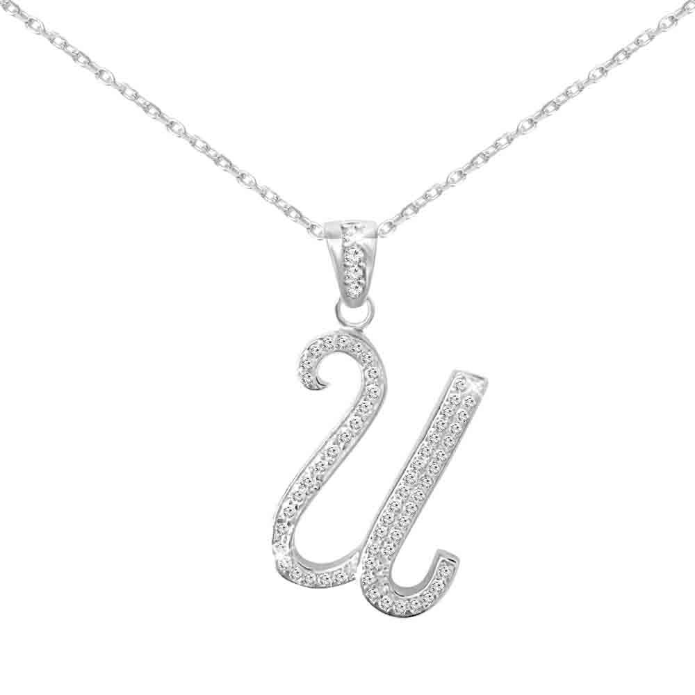 Sterling Silver Initial Necklace CZ Cursive Script Letter With Adjustable Chain