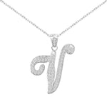 Sterling Silver Initial Necklace CZ Cursive Script Letter With Adjustable Chain