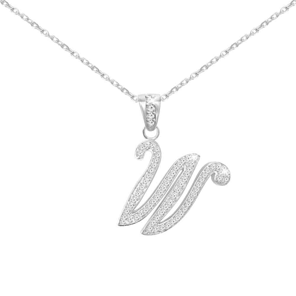 Sterling Silver Initial Necklace CZ Cursive Script Letter With Adjustable Chain