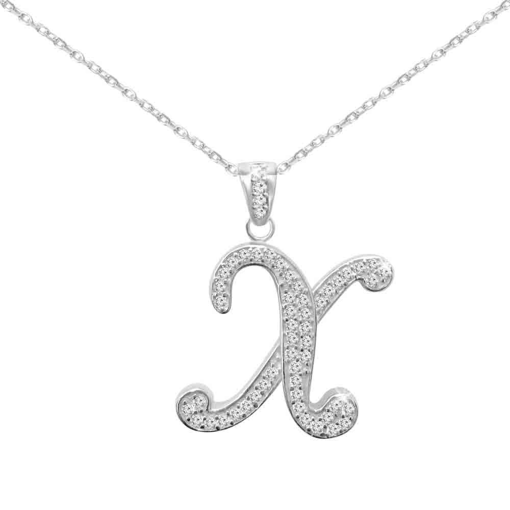 Sterling Silver Initial Necklace CZ Cursive Script Letter With Adjustable Chain