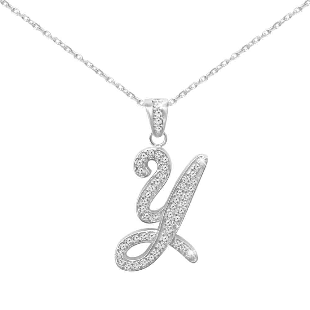 Sterling Silver Initial Necklace CZ Cursive Script Letter With Adjustable Chain