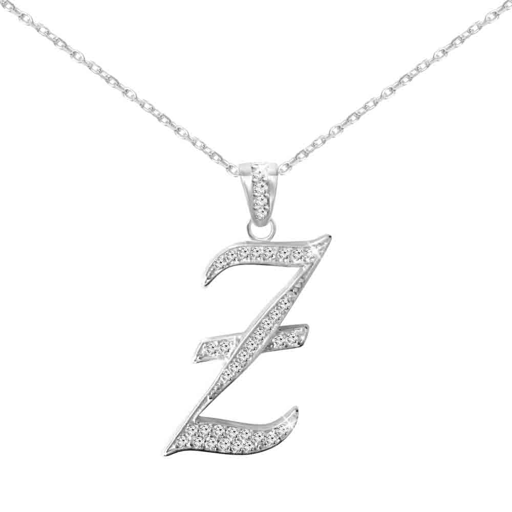 Sterling Silver Initial Necklace CZ Cursive Script Letter With Adjustable Chain