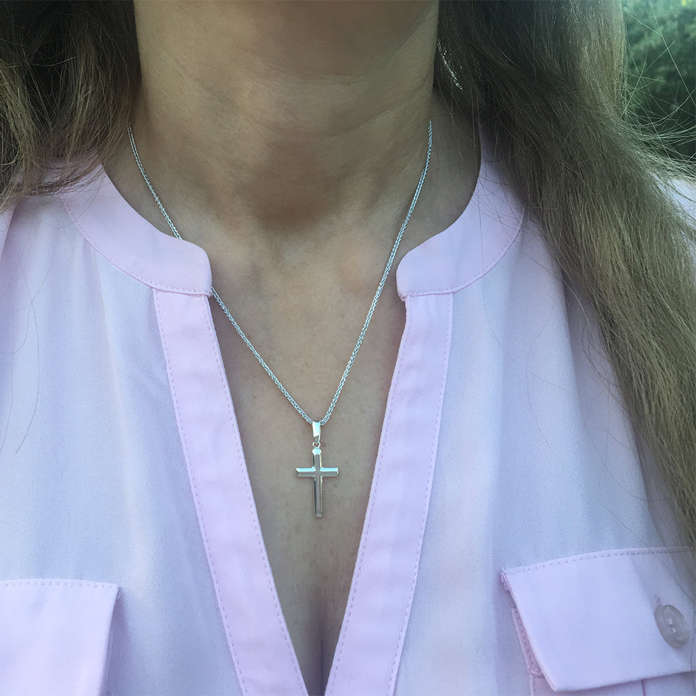 Womens Sterling Silver Cross Necklace with Adjustable Wheat Chain and Faith Keepsake Card Gift