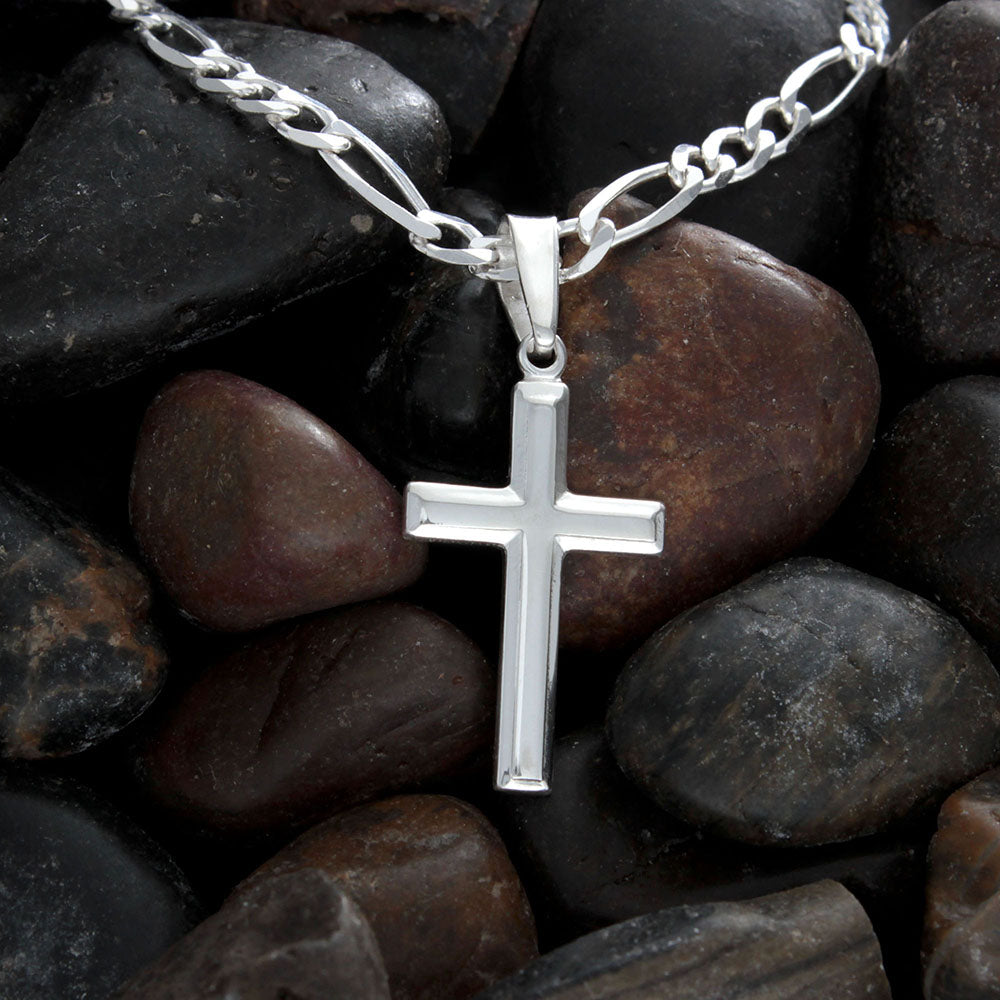 Womens Sterling Silver Cross Necklace with Figaro Chain and Faith Keepsake Card Gift