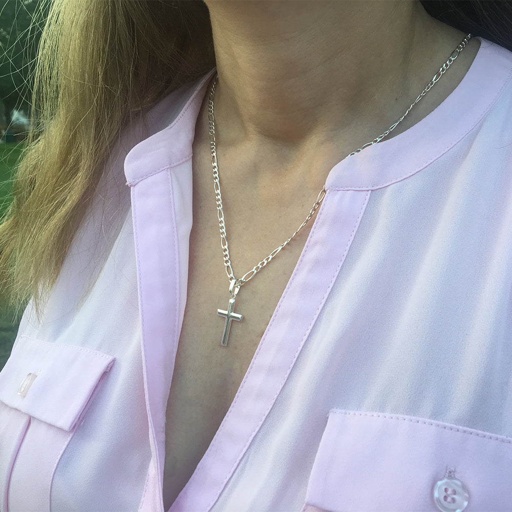 Womens Sterling Silver Cross Necklace with Figaro Chain and Faith Keepsake Card Gift