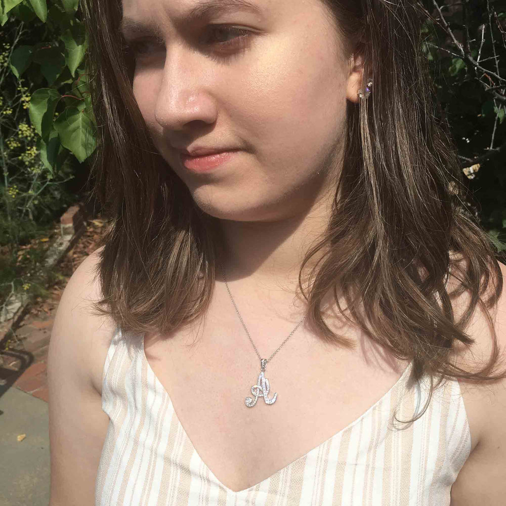Sterling Silver Initial Necklace CZ Cursive Script Letter With Adjustable Chain