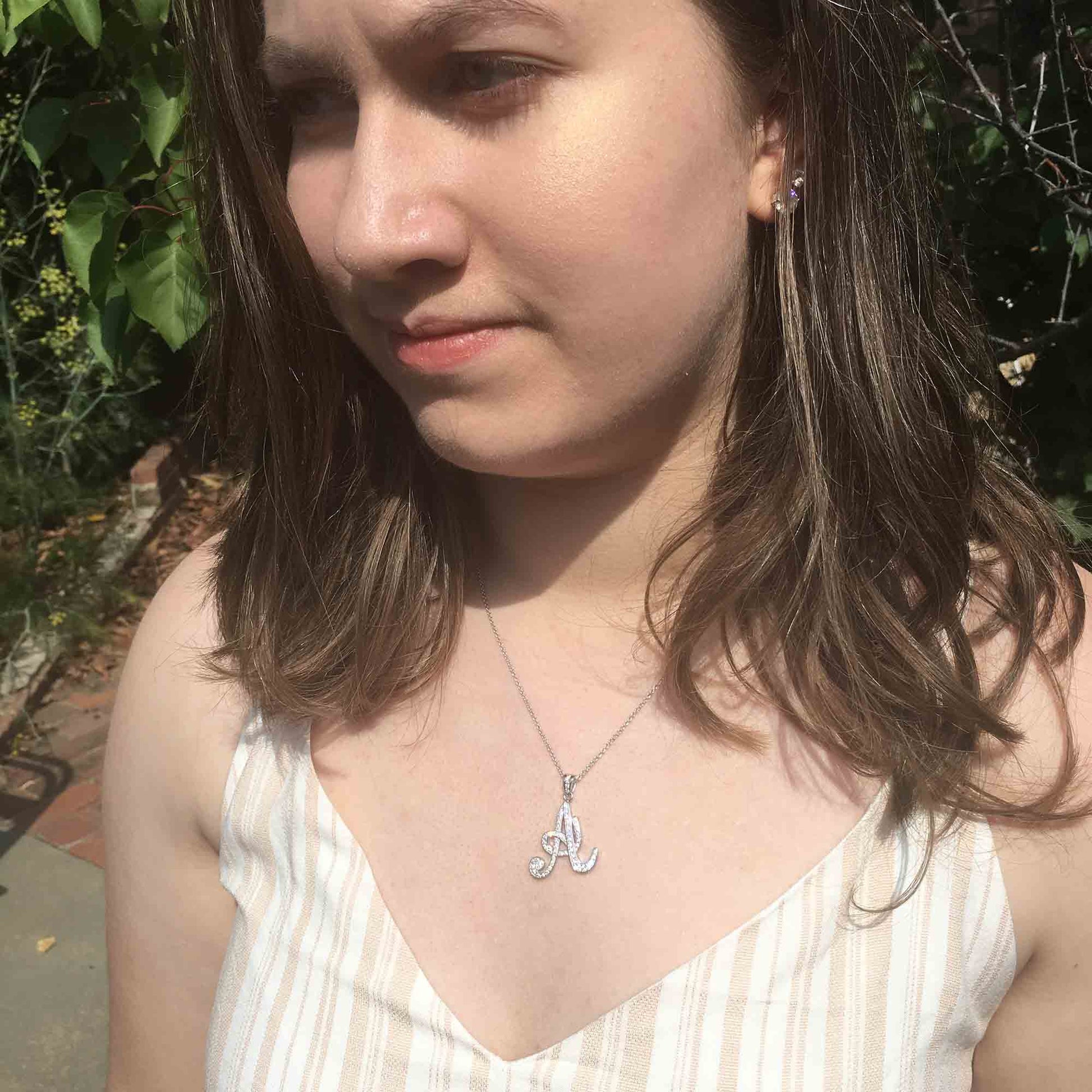 Sterling Silver Initial Necklace CZ Cursive Script Letter With Adjustable Chain