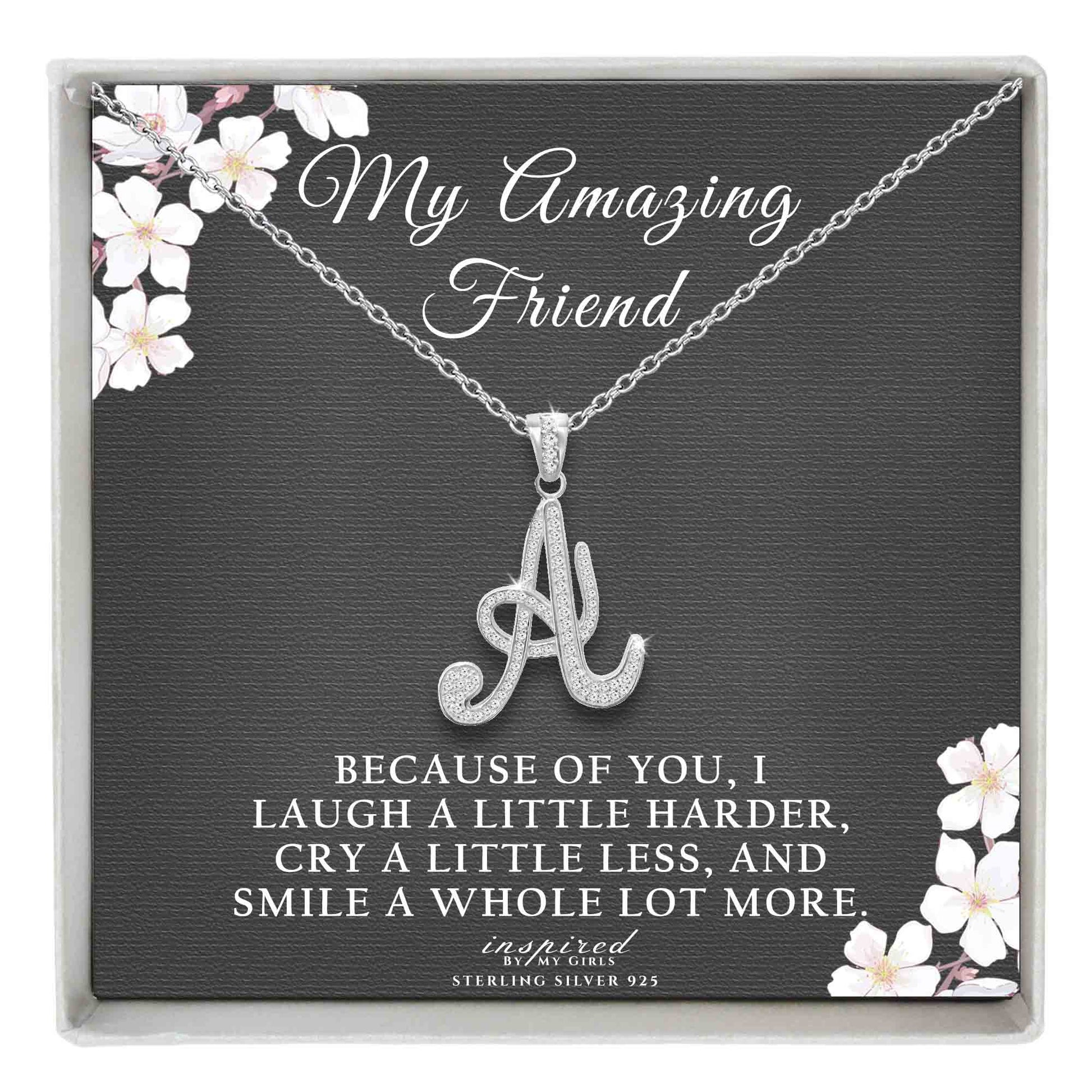 Sterling Silver Initial Necklace CZ Cursive Script Letter Adjustable Chain Keepsake Card Gift